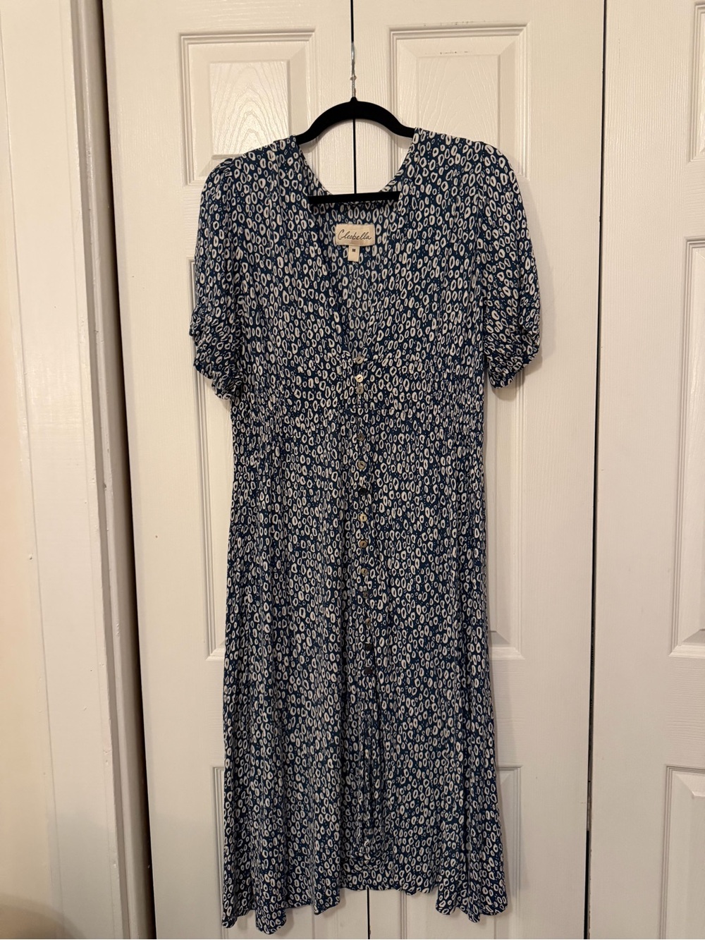 Navy Blue Printed Button-Front Midi Dress (Missing Clasp)